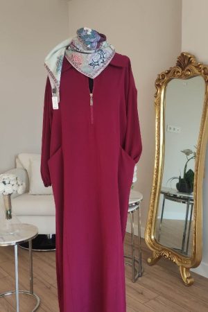 Yaka Fermuarlı Bordo Elbise