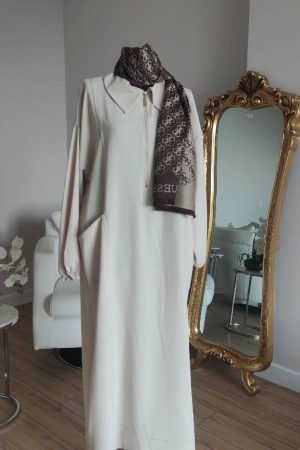 Yaka Fermuarlı Krem Elbise