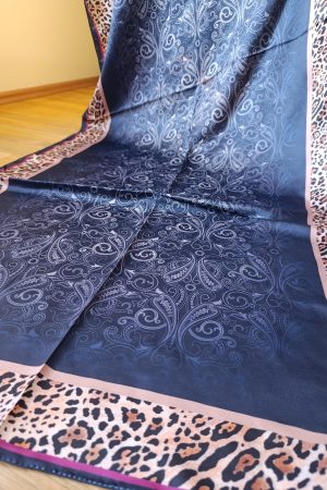 Leopar Detaylı Pamuk İpek Şal - Lacivert